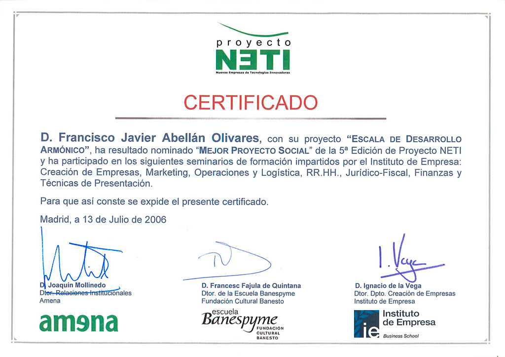 Certificado Premio NETI 2006 - Mejor Proyecto Social